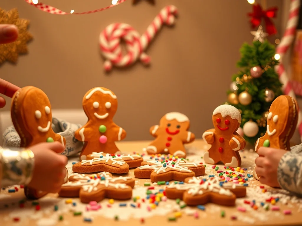 A festive scene of gingerbread cookies being decorated with colorful icing and sprinkles.