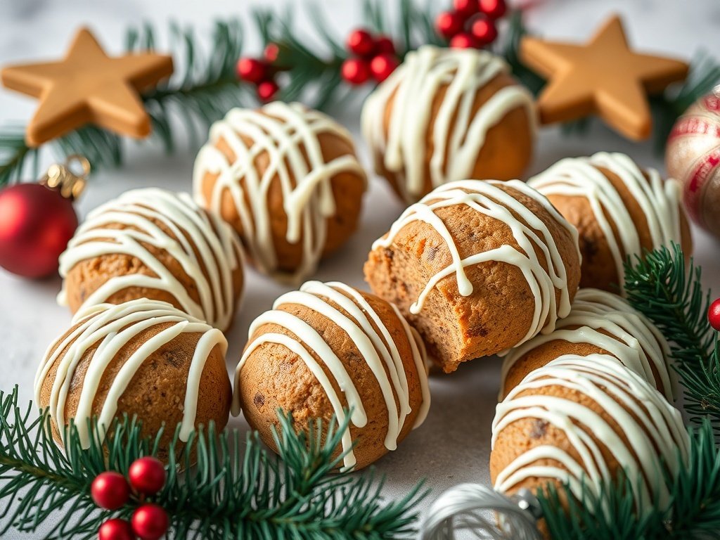 A plate of gingerbread cookie bonbons drizzled with white chocolate, surrounded by festive decorations.