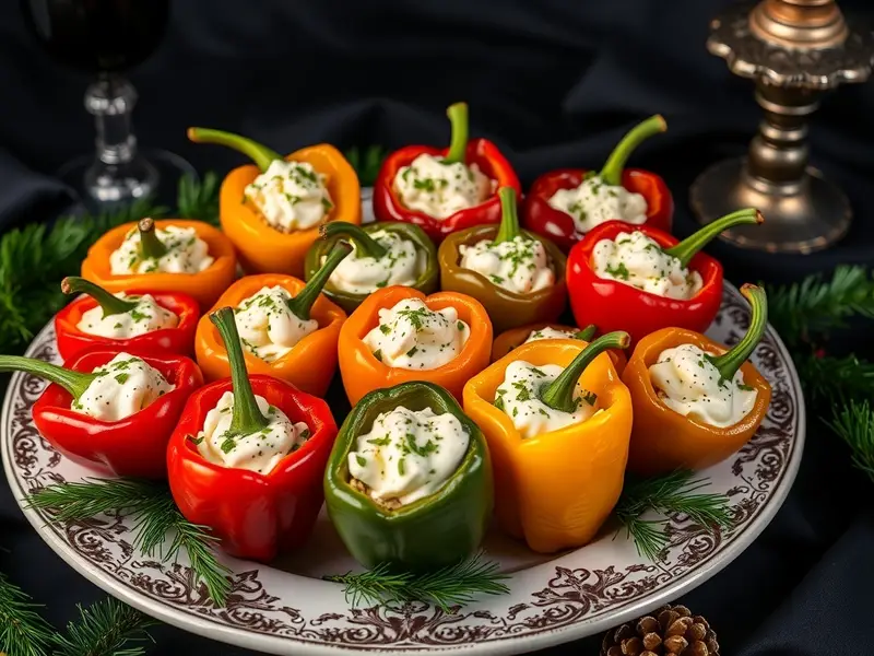A plate of colorful stuffed mini peppers filled with cream cheese and topped with chives, surrounded by festive decorations.