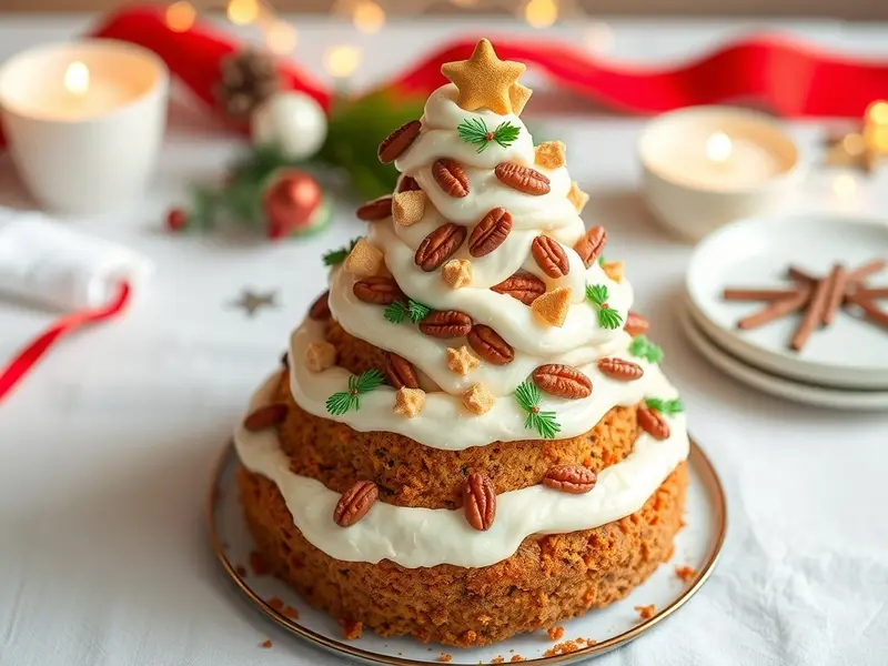 A beautifully decorated carrot cake shaped like a Christmas tree, adorned with cream cheese frosting, pecans, and festive candies.