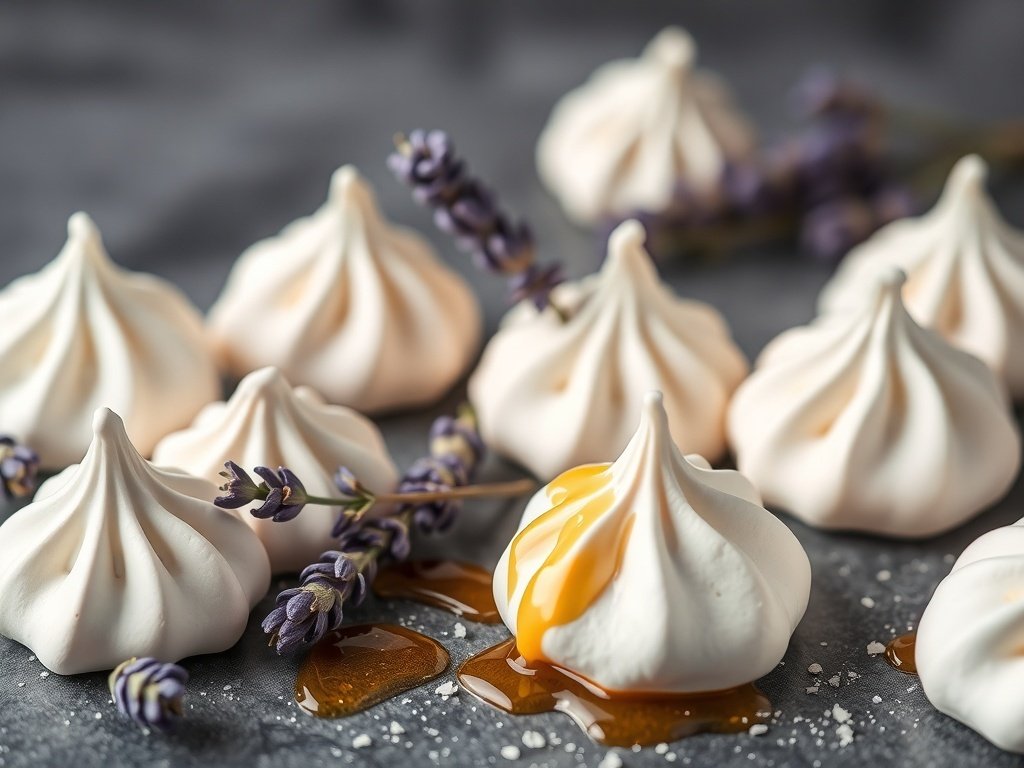 Lavender and honey meringues on a dark surface with lavender sprigs and honey drizzle.