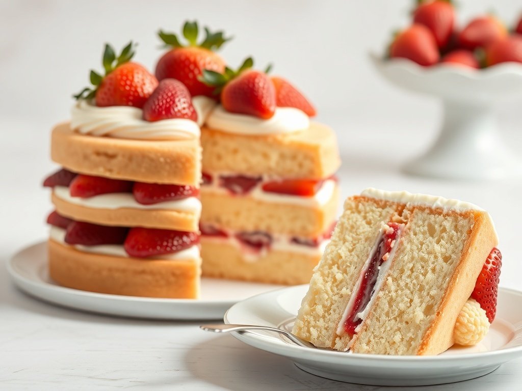 Japanese Strawberry Shortcake Recipe Japanese strawberry shortcake with layers of sponge cake, whipped cream, and strawberries, garnished with whole strawberries.