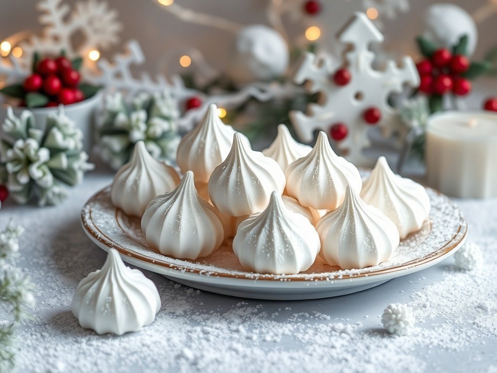 A plate of snowy vanilla meringues decorated for Christmas