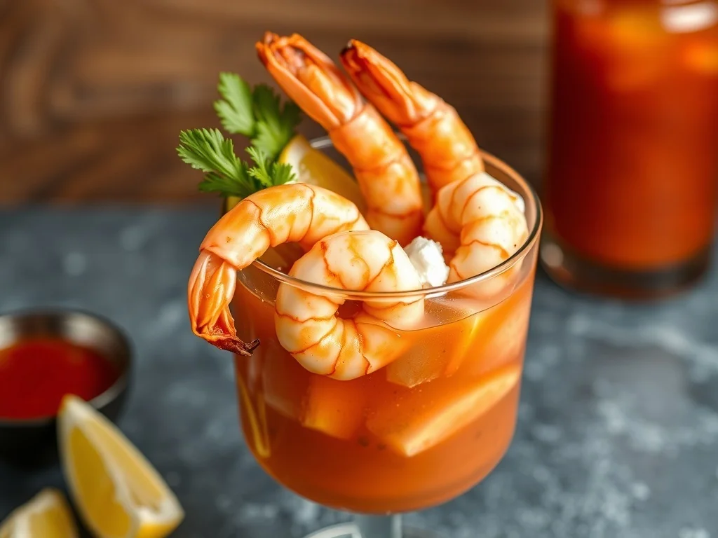 A vibrant shrimp cocktail with lemon and cocktail sauce
