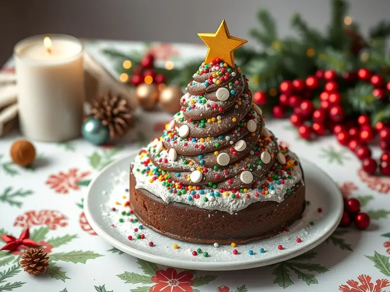 A beautifully decorated Chocolate Christmas Tree Cake with colorful sprinkles and a golden star on top.