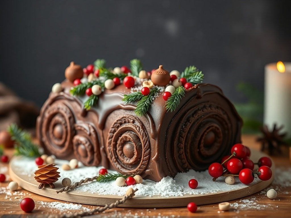 A beautifully decorated Chocolate Hazelnut Yule Log with festive toppings