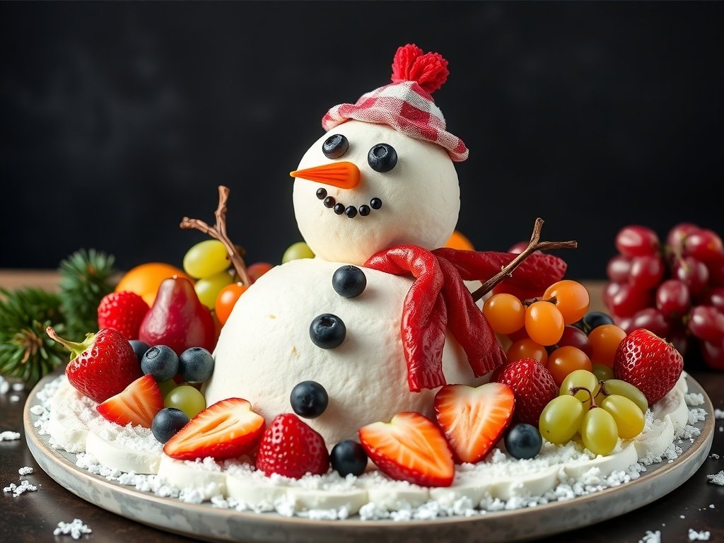 A festive snowman made of cheese surrounded by colorful fruits on a charcuterie board.