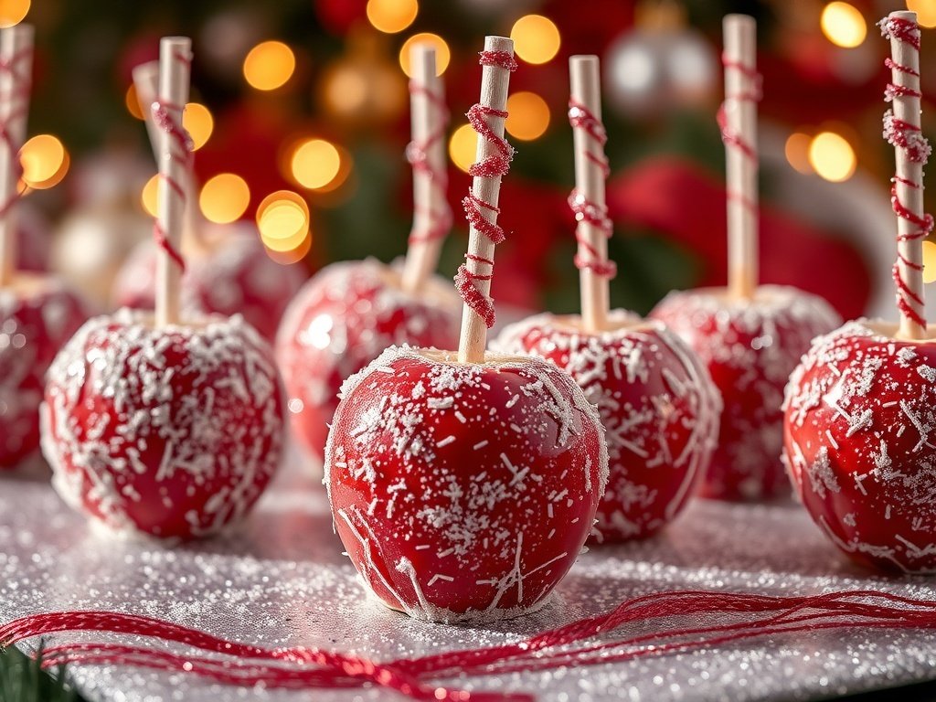 A close-up of holiday-themed glitter candy apples with red and white decorations, set against a festive background.
