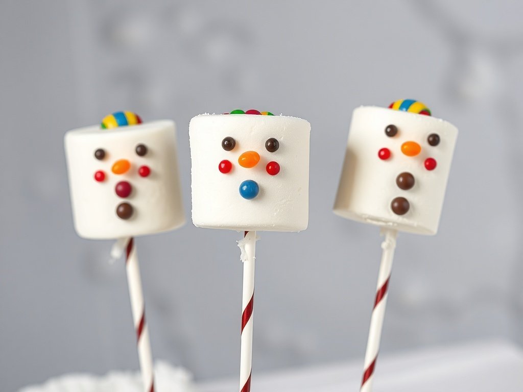 Three snowman marshmallow pops decorated with colorful candies.