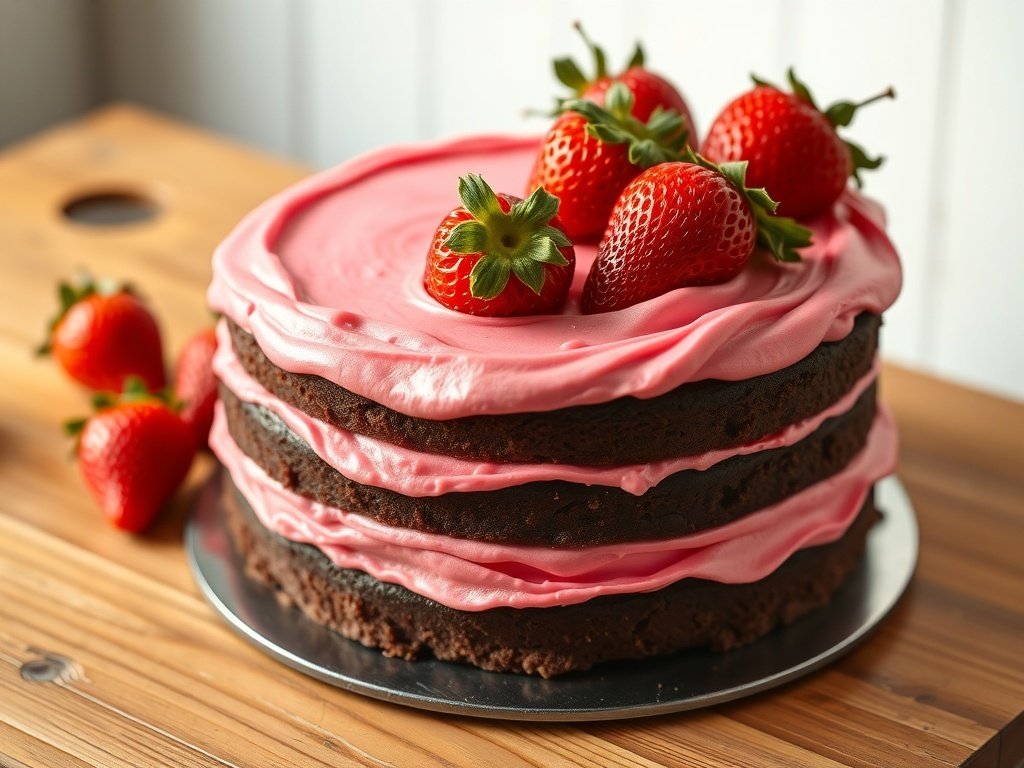 Old Fashioned Strawberry Chocolate Cake with Pink Frosting Old fashioned strawberry chocolate cake with pink frosting and fresh strawberries on top, displayed on a rustic wooden table.