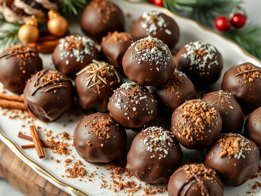 A platter of chocolate truffles decorated with holiday spices and toppings.