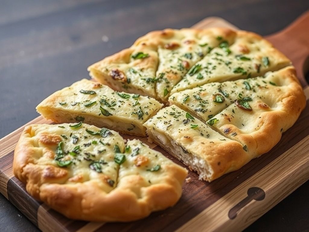 Roasted garlic and herb flatbread sliced on a wooden board