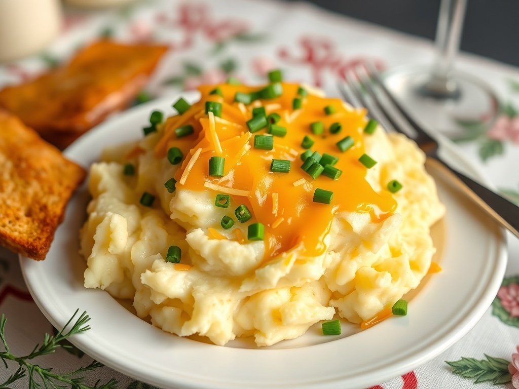 Cheddar and chive loaded mashed potatoes topped with cheese and chives on a festive table.