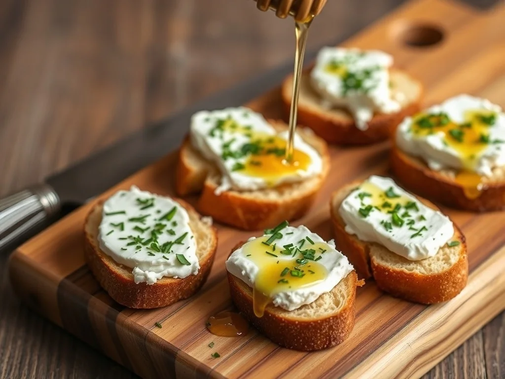 Herbed goat cheese crostini topped with honey and fresh herbs on a wooden board.