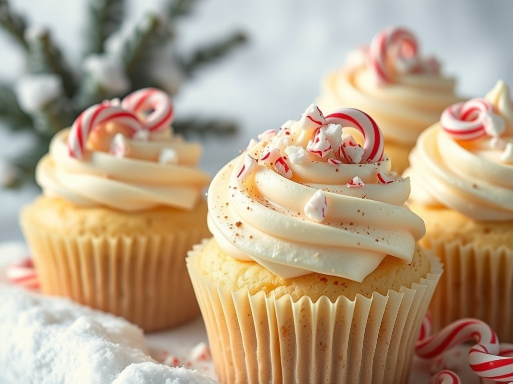 Festive white chocolate peppermint cupcakes with swirls of frosting and crushed candy canes