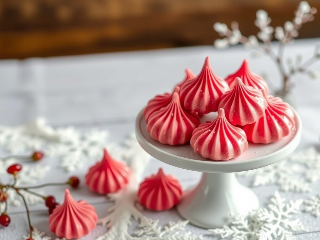 A plate of pink cranberry orange meringues on a white tablecloth with snowflake decorations.