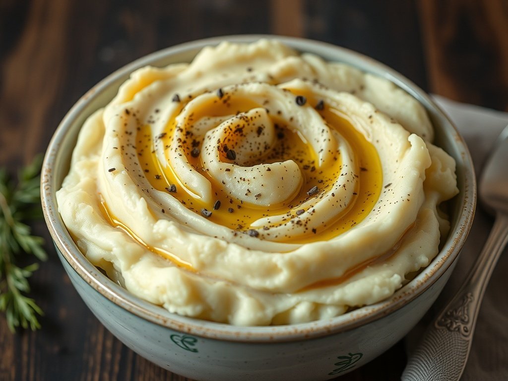 A bowl of creamy mashed potatoes drizzled with truffle oil and sprinkled with black pepper.