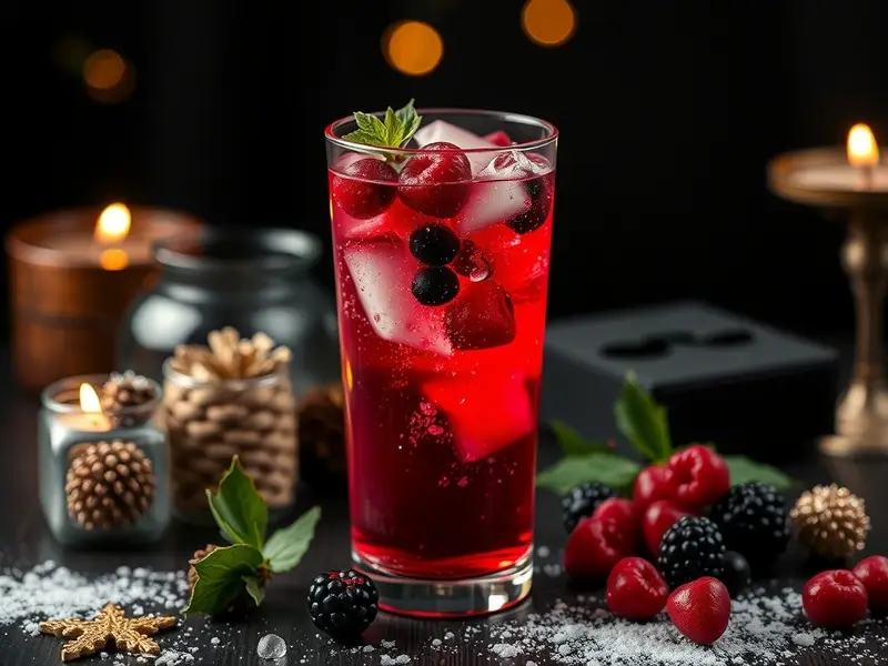 A glass of sparkling winter berry punch with ice, raspberries, and blueberries, surrounded by holiday decorations.