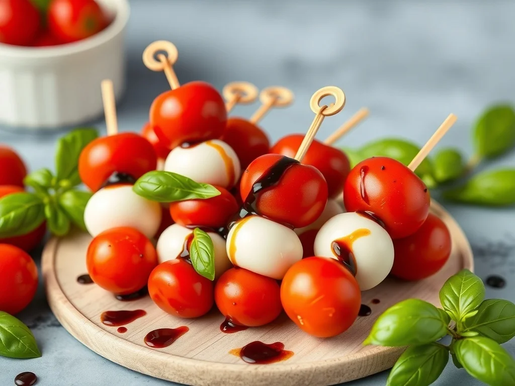 Mini Caprese skewers with cherry tomatoes, mozzarella balls, and basil on a wooden platter.