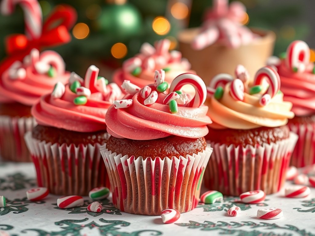 Festive red and green candy cane cupcakes with peppermint frosting and candy cane decorations