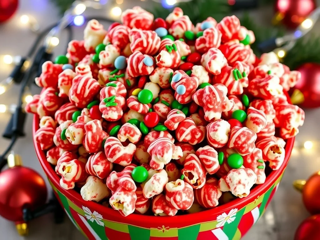 Reindeer Christmas Candied Popcorn Recipe A bowl of candied popcorn decorated with holiday candies and sprinkles, set against a festive Christmas backdrop.