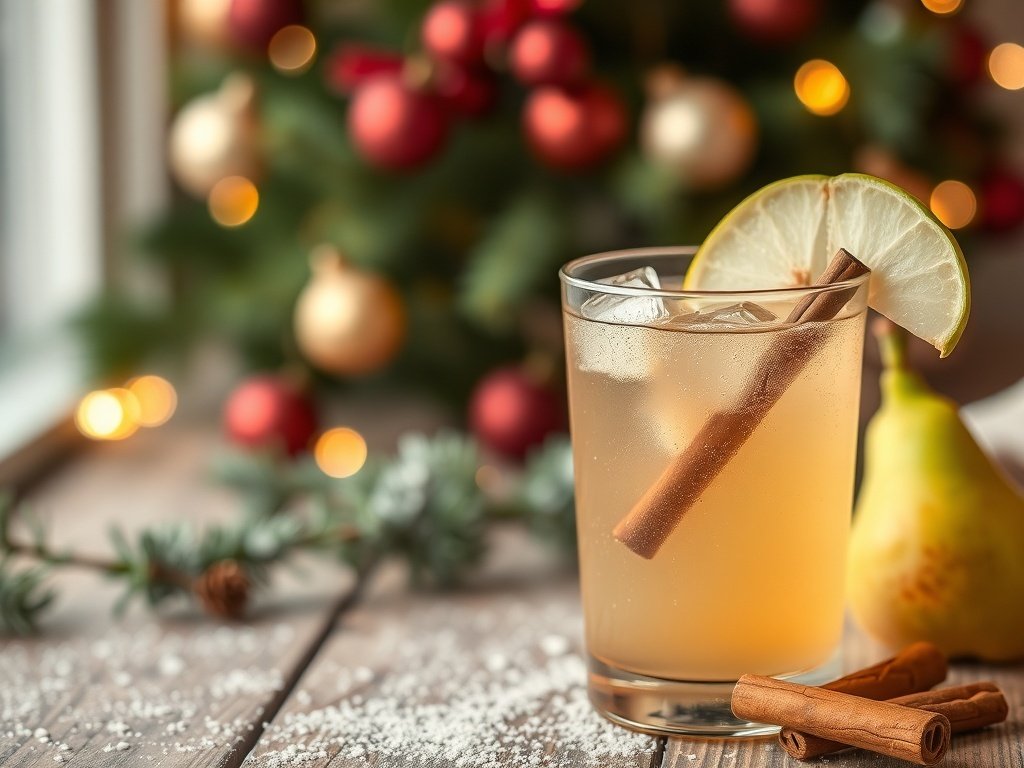 A glass of Cinnamon Pear Sparkler mocktail with a cinnamon stick and lime slice, set against a festive Christmas backdrop.