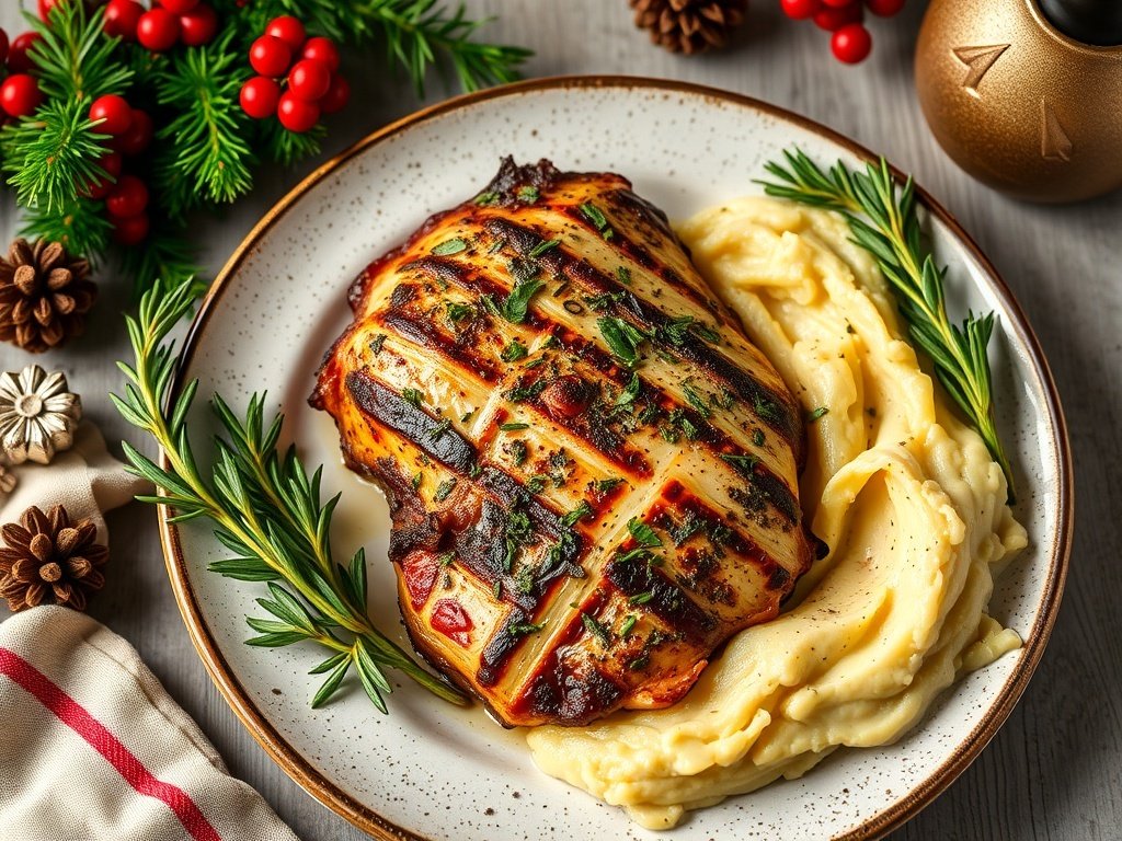 A plate of herb-crusted chicken breast with garlic mashed potatoes, garnished with herbs and a festive decoration.