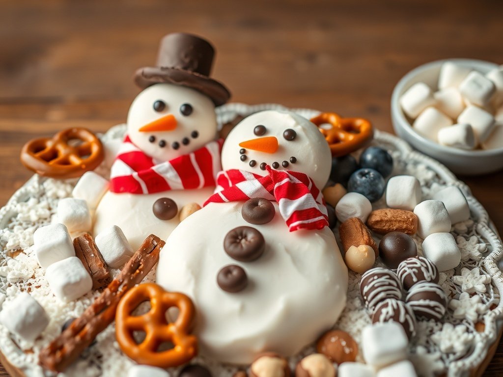 A festive charcuterie board featuring two snowmen made of marshmallows and various sweet treats like chocolates, pretzels, and fruits.