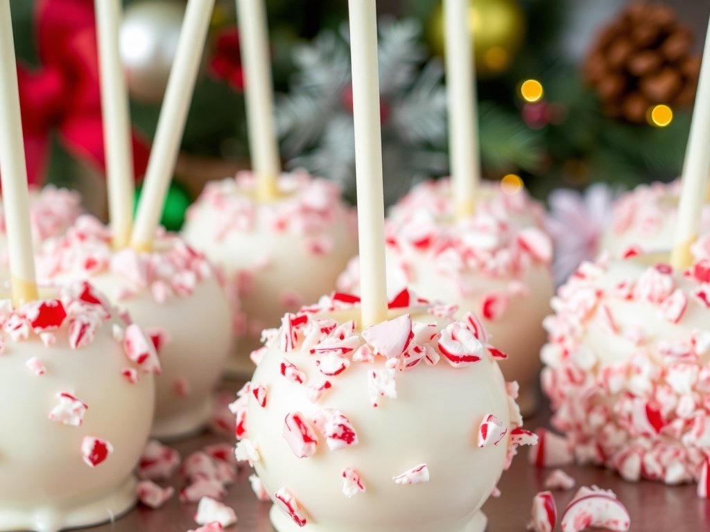 Peppermint bark candy apples with candy cane sticks and crushed peppermint on top, set against a festive holiday background.