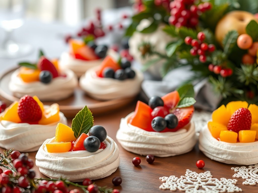 A festive display of meringue nests topped with fresh fruits, perfect for Christmas.