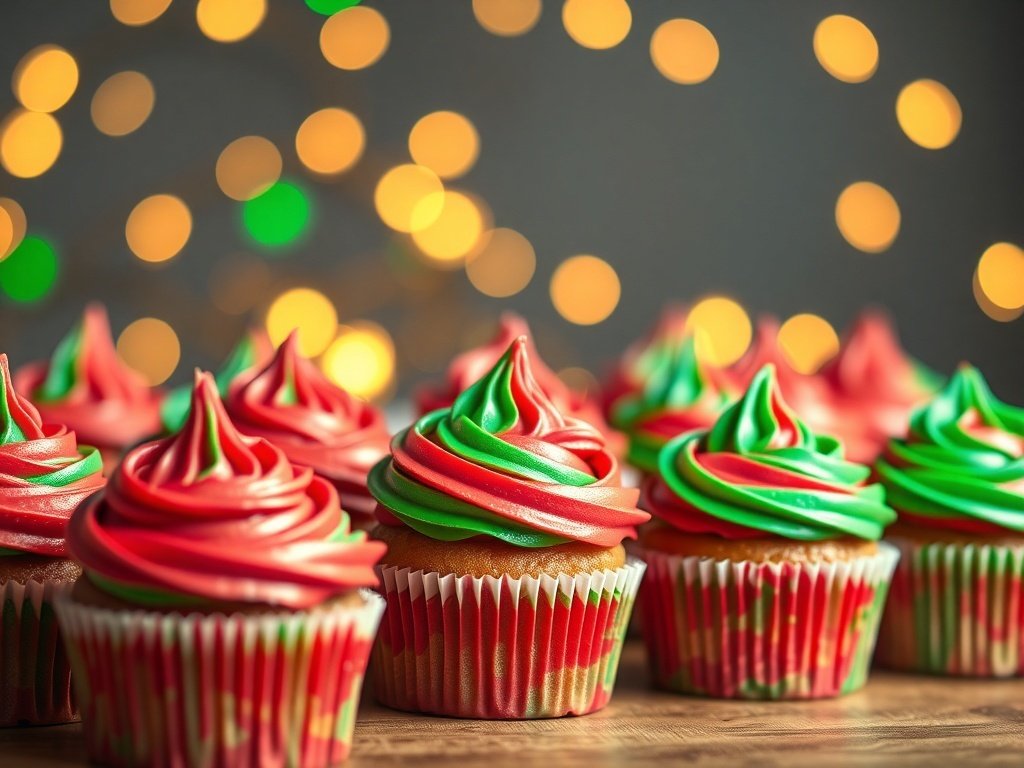 Festive red and green swirl cupcakes with holiday decorations