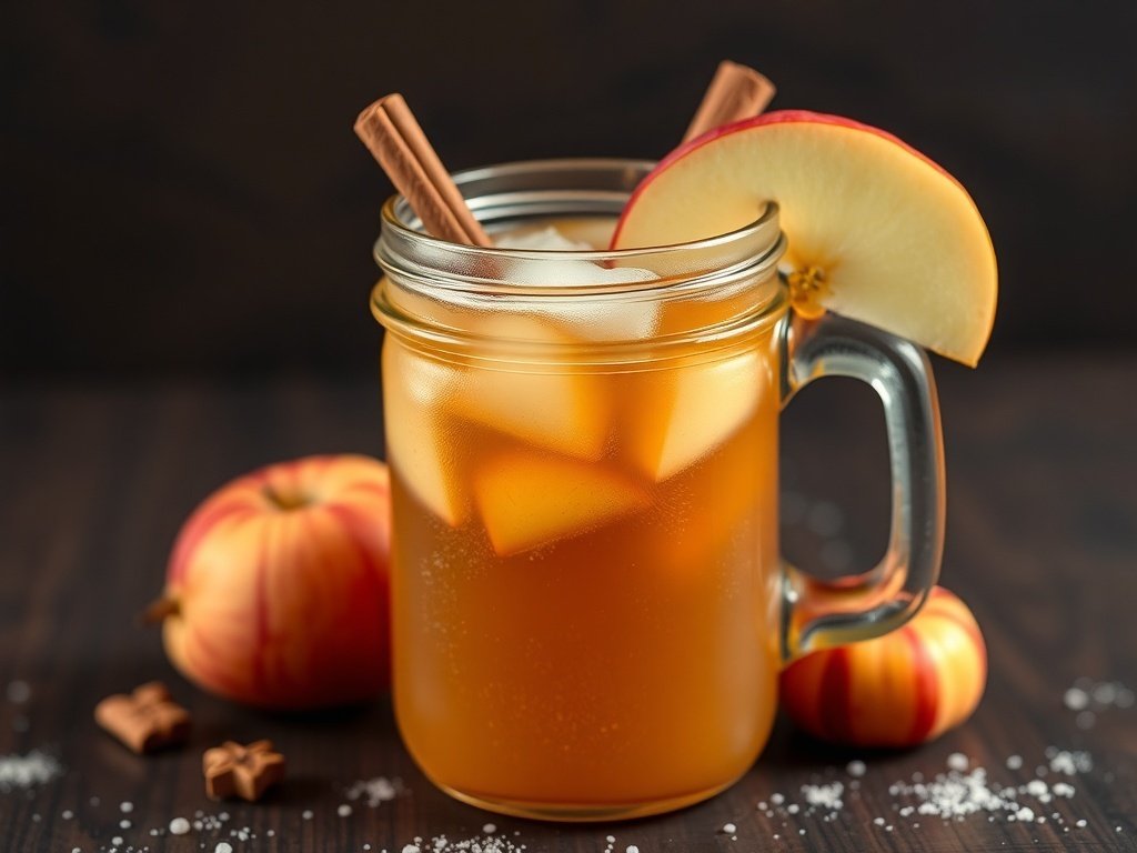 A refreshing Spiced Apple Cider Fizz mocktail in a jar with ice, a cinnamon stick, and apple slices, surrounded by apples.
