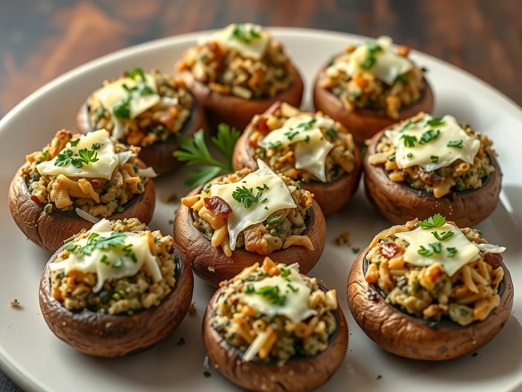 A plate of savory stuffed mushrooms topped with cheese and herbs.