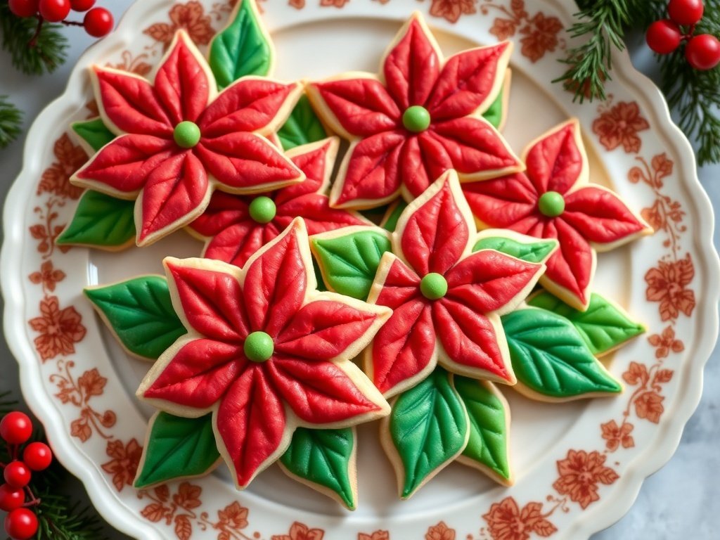 A plate of beautifully decorated poinsettia flower cookies in red and green icing.
