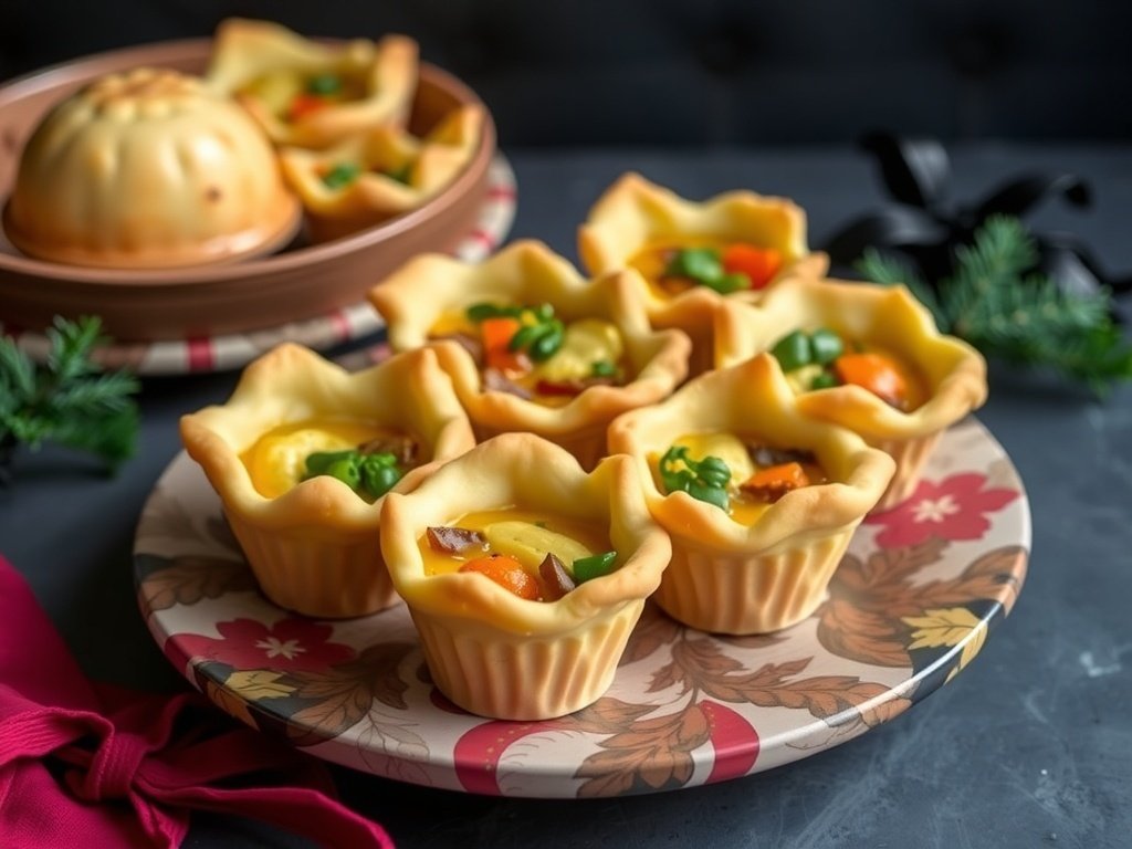 A platter of mini quiches filled with seasonal vegetables, perfect for Christmas appetizers.
