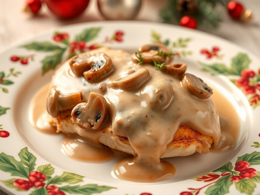Creamy mushroom sauce chicken breast served on a festive plate
