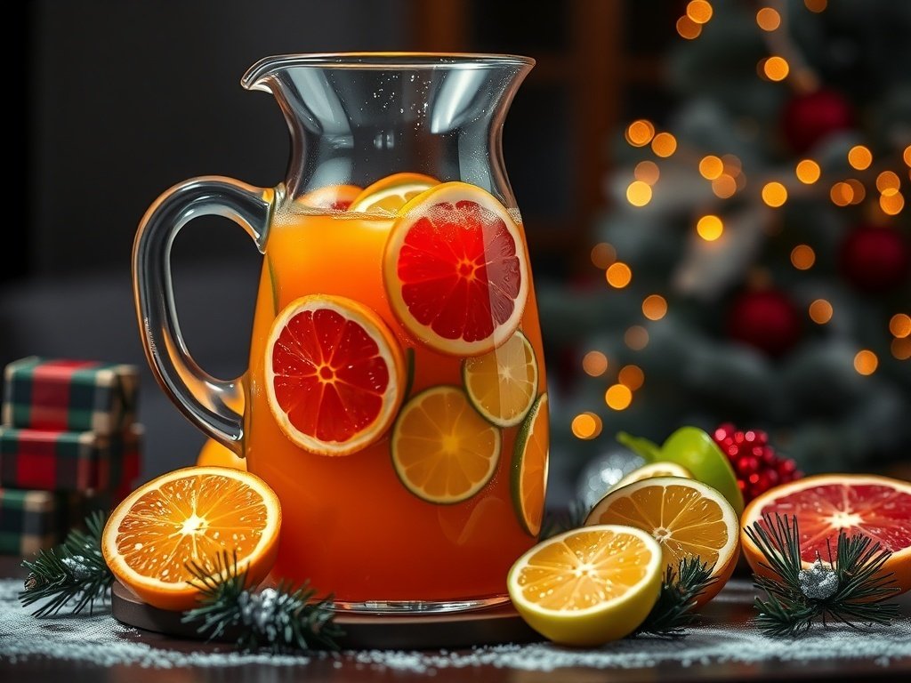 A pitcher of Christmas Citrus Punch with slices of oranges, limes, and grapefruits, surrounded by festive decorations.