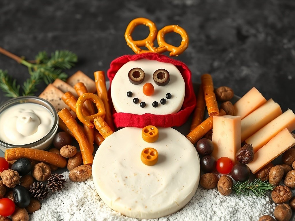 A festive snowman charcuterie board featuring cheese, pretzels, olives, and assorted snacks.