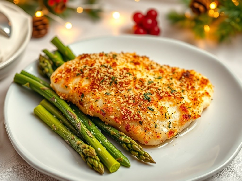 Parmesan crusted chicken breast served with asparagus on a plate