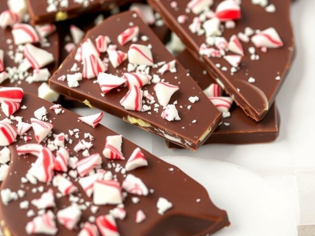 Chocolate peppermint bark pieces topped with crushed peppermint candies.