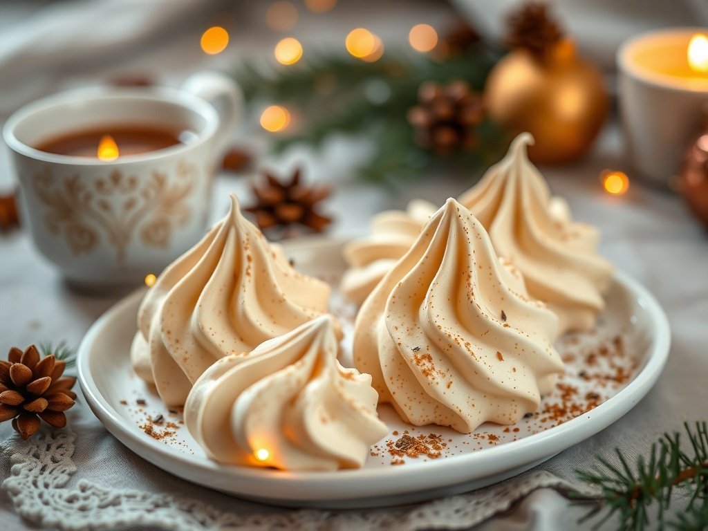 A plate of spiced chai meringues with a cup of tea and festive decorations.