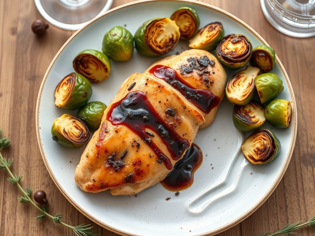 Balsamic glazed chicken breast with roasted Brussels sprouts on a plate.