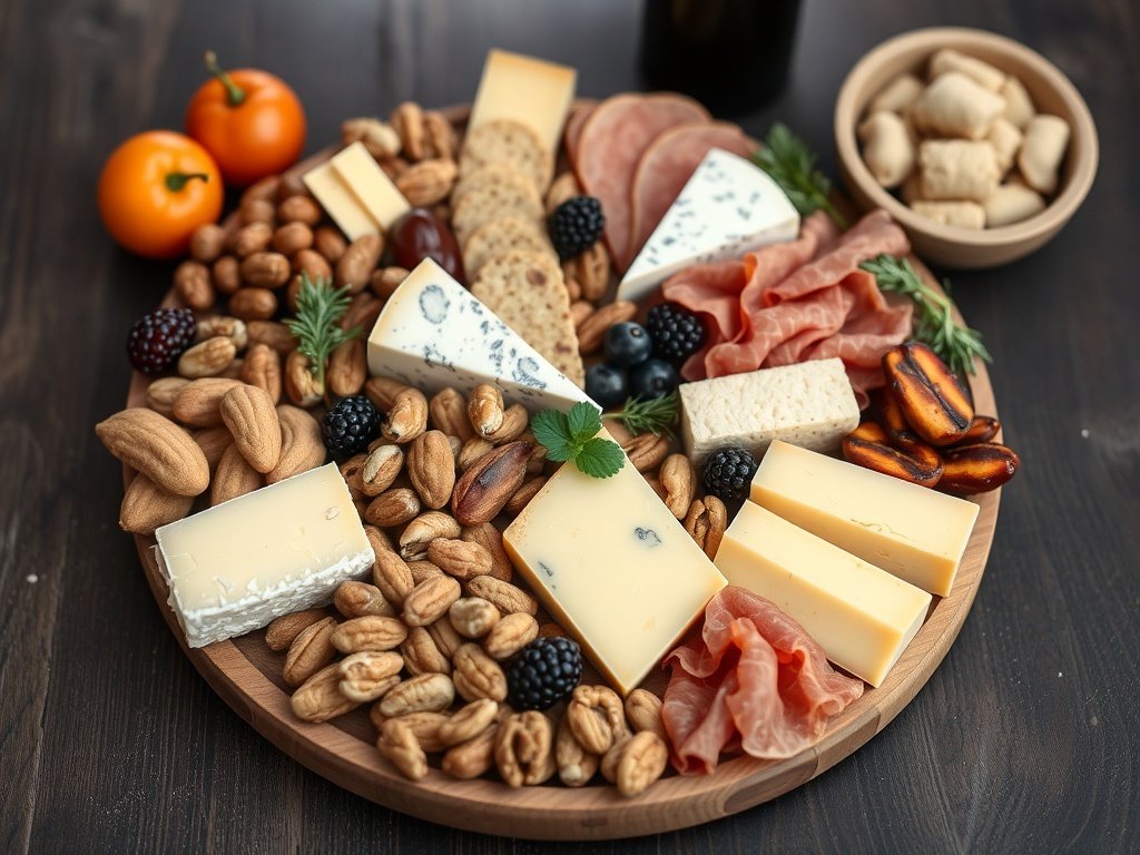A beautifully arranged holiday cheese and charcuterie board featuring various cheeses, cured meats, nuts, and dried fruits.