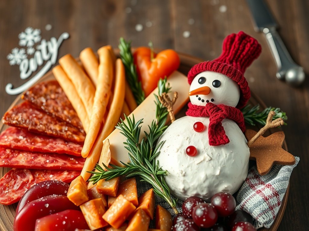 A festive snowman charcuterie board with cheese, meats, and seasonal herbs.