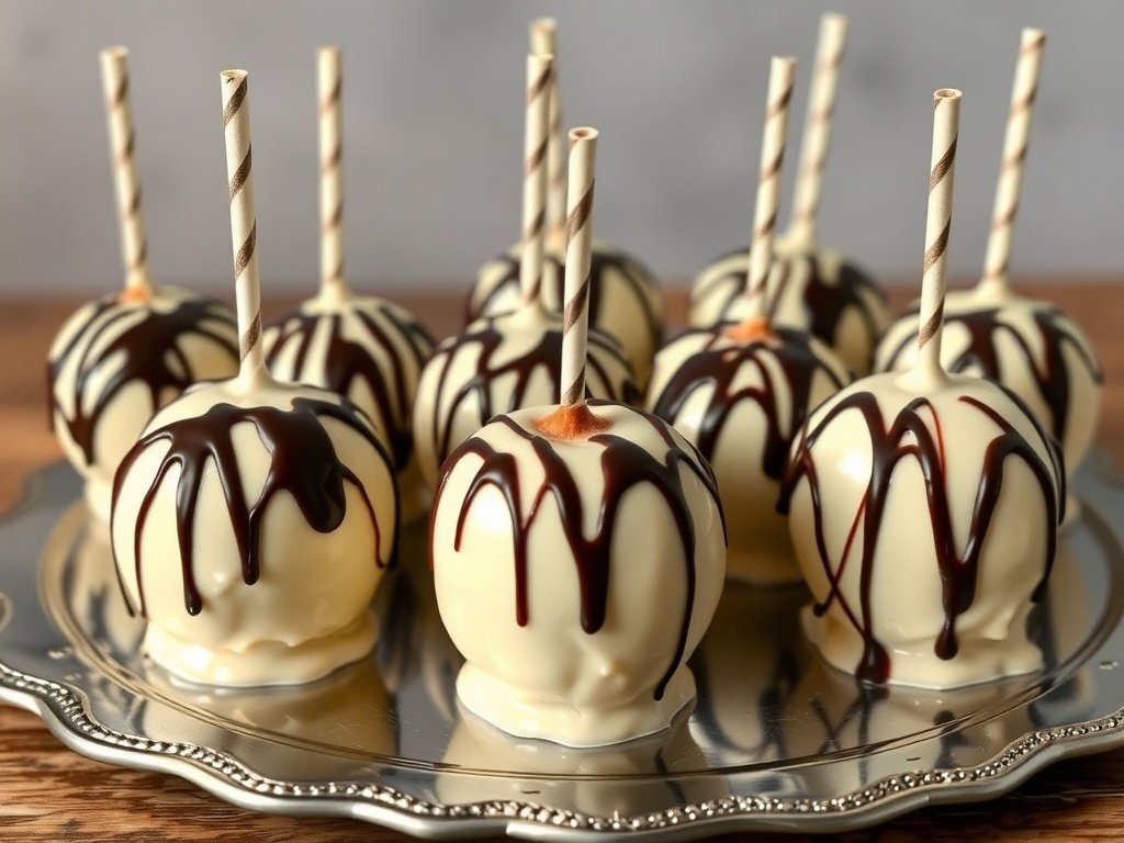 A platter of gourmet white chocolate candy apples drizzled with dark chocolate.