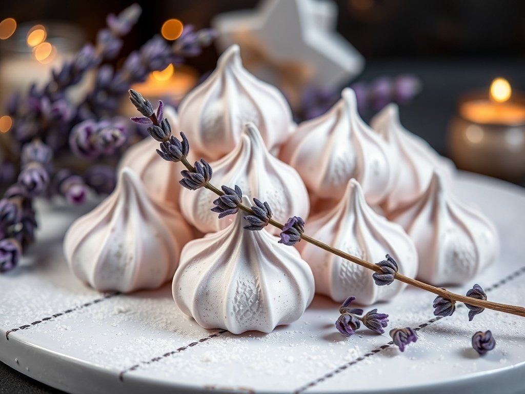 A plate of gingerbread spice meringues decorated with greenery and red berries for Christmas.