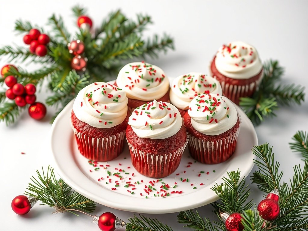 A plate of festive red velvet cupcakes decorated with white frosting and colorful sprinkles, surrounded by Christmas decorations.