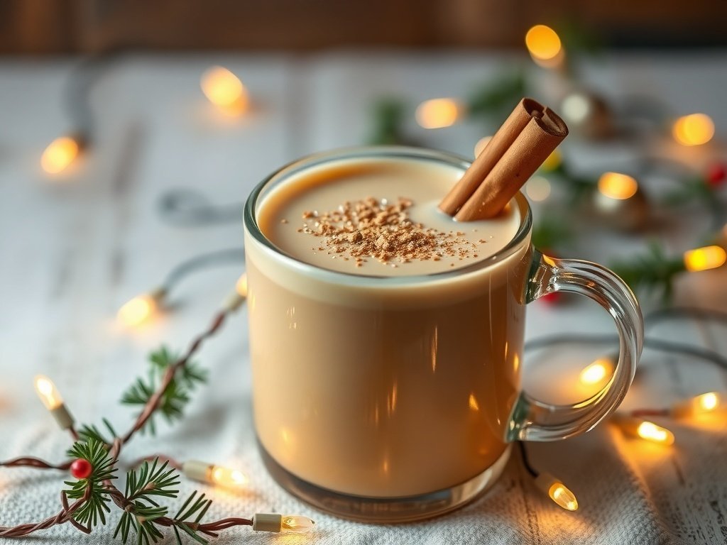 A warm Vanilla Chai Mocktail in a glass mug, garnished with cinnamon sticks and surrounded by holiday lights.