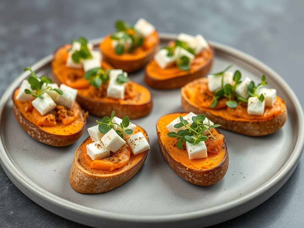 Spiced sweet potato crostini topped with feta and microgreens on a plate
