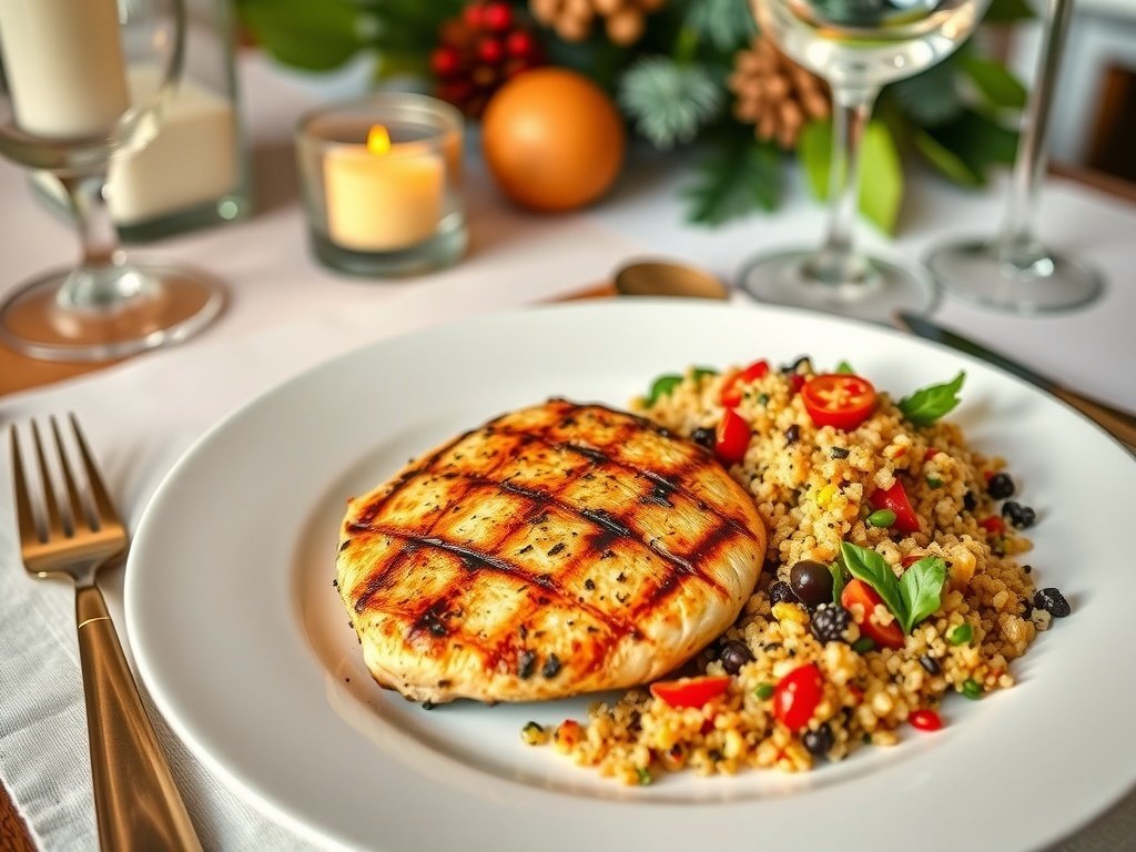 Grilled chicken breast with lemon and quinoa salad on a festive table setting